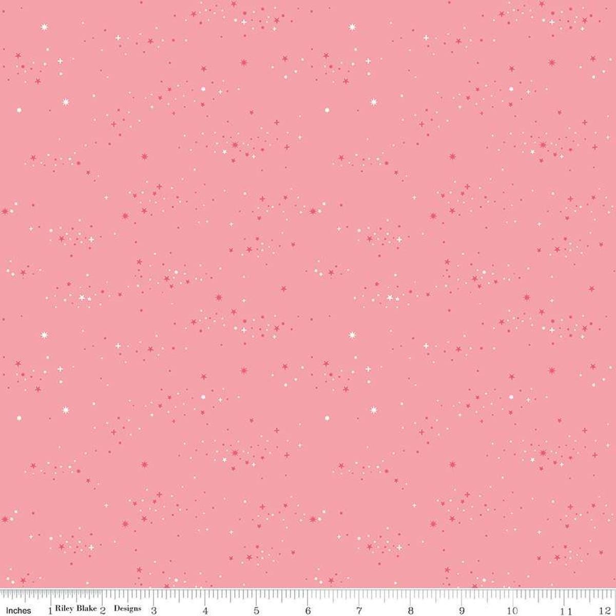 Image of Essence Starlight Pink quilting cotton fabric by Fran Gulick for Riley Blake Designs. Features stars on a pink background. Cute Little Fabric Shop