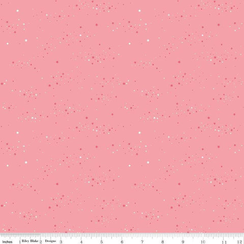 Image of Essence Starlight Pink quilting cotton fabric by Fran Gulick for Riley Blake Designs. Features stars on a pink background. Cute Little Fabric Shop