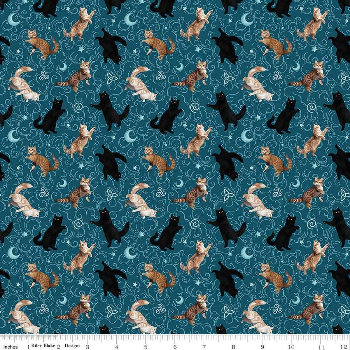Image of Celtic Cats Cats Teal quilting cotton fabric by Brigid Ashwood for Riley Blake Designs. Features cats on a blue background. Cute Little Fabric Shop