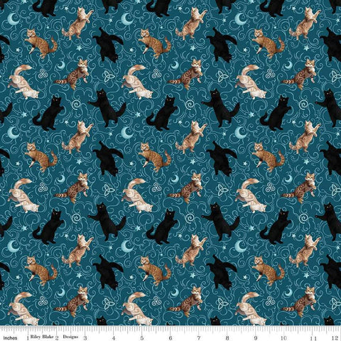 Image of Celtic Cats Cats Teal quilting cotton fabric by Brigid Ashwood for Riley Blake Designs. Features cats on a blue background. Cute Little Fabric Shop