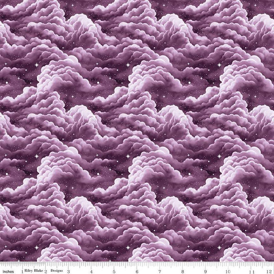 Image of Celtic Cats Clouds Lilac quilting cotton fabric by Brigid Ashwood for Riley Blake Designs. Features clouds on a purple background. Cute Little Fabric Shop