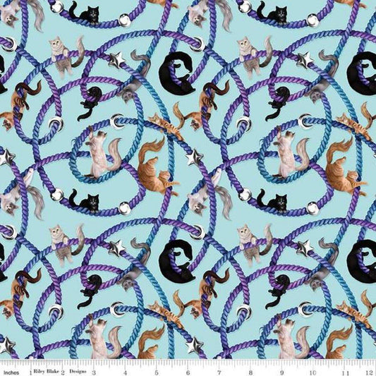 Image of Celtic Cats Main Aqua quilting cotton fabric by Brigid Ashwood for Riley Blake Designs. Features cats on a blue background. Cute Little Fabric Shop