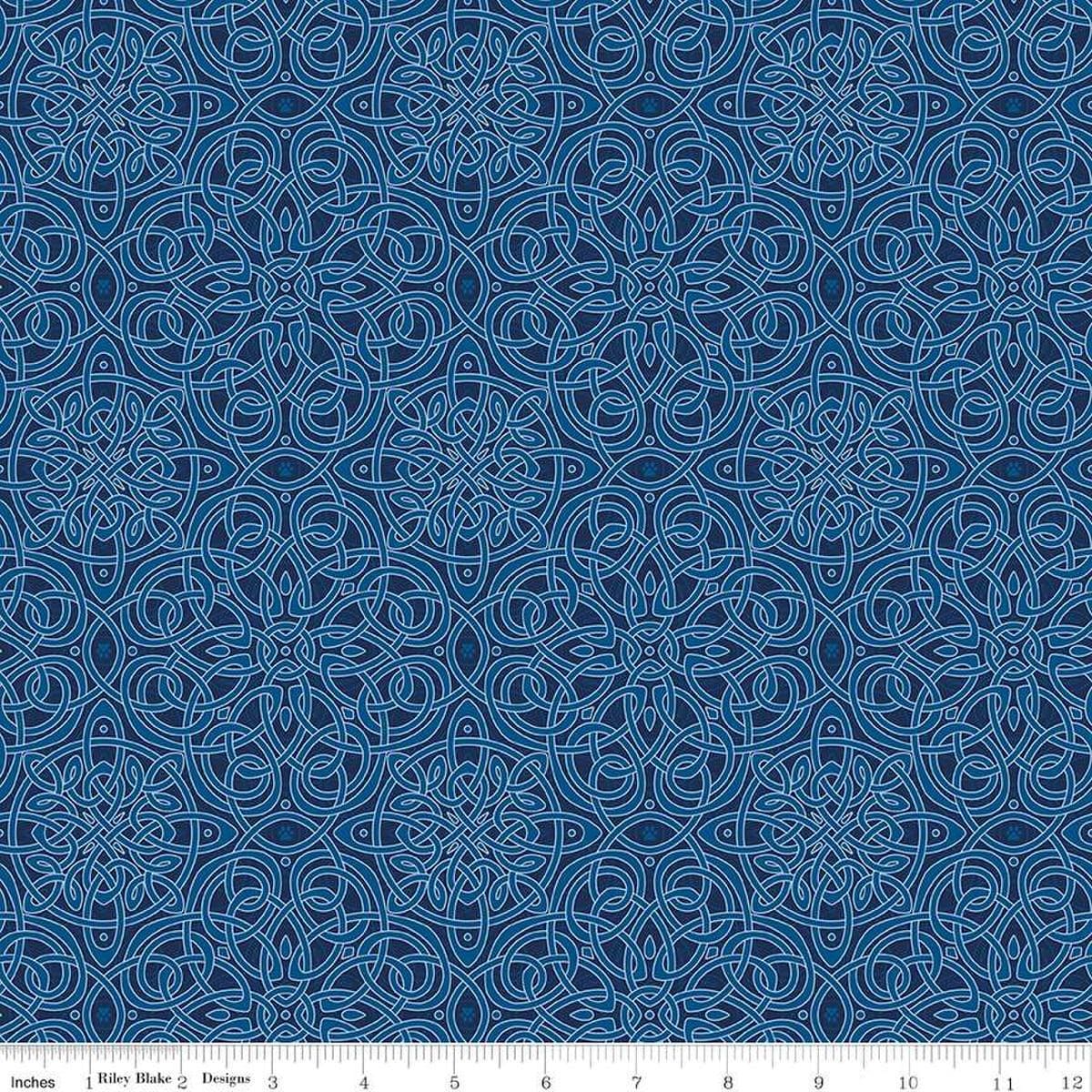 Image of Celtic Cats Celtic Knots Navy quilting cotton fabric by Brigid Ashwood for Riley Blake Designs. Features Celtic knots on a blue background. Cute Little Fabric Shop