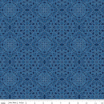 Image of Celtic Cats Celtic Knots Navy quilting cotton fabric by Brigid Ashwood for Riley Blake Designs. Features Celtic knots on a blue background. Cute Little Fabric Shop