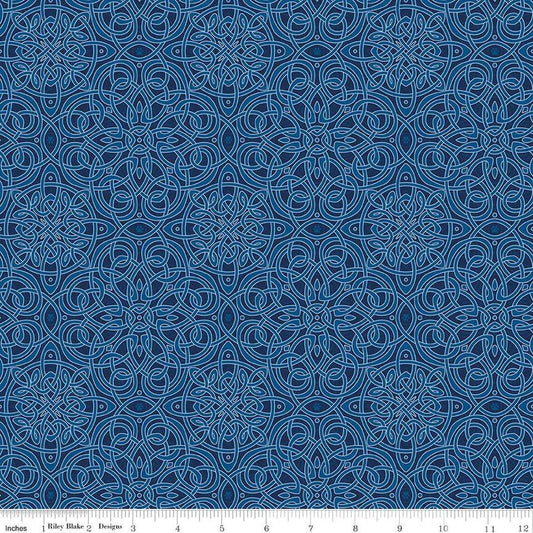 Image of Celtic Cats Celtic Knots Navy quilting cotton fabric by Brigid Ashwood for Riley Blake Designs. Features Celtic knots on a blue background. Cute Little Fabric Shop