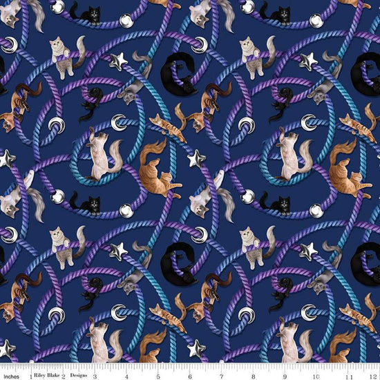 Image of Celtic Cats Main Navy quilting cotton fabric by Brigid Ashwood for Riley Blake Designs. Features cats on a blue background. Cute Little Fabric Shop
