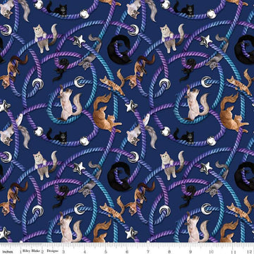 Image of Celtic Cats Main Navy quilting cotton fabric by Brigid Ashwood for Riley Blake Designs. Features cats on a blue background. Cute Little Fabric Shop