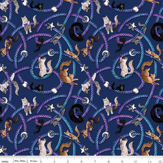 Image of Celtic Cats Main Navy quilting cotton fabric by Brigid Ashwood for Riley Blake Designs. Features cats on a blue background. Cute Little Fabric Shop