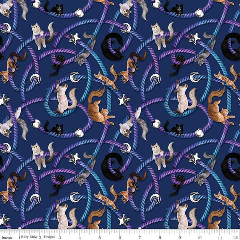 Image of Celtic Cats Main Navy quilting cotton fabric by Brigid Ashwood for Riley Blake Designs. Features cats on a blue background. Cute Little Fabric Shop