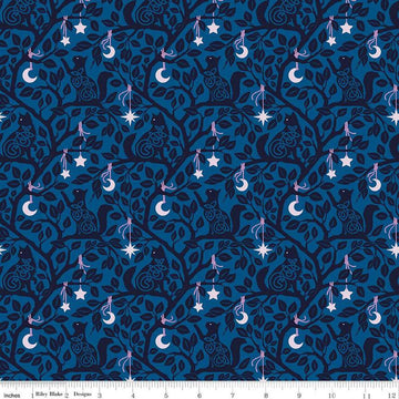 Image of Celtic Cats Forest Cats Blue quilting cotton fabric by Brigid Ashwood for Riley Blake Designs. Features cats in trees on a blue background. Cute Little Fabric Shop