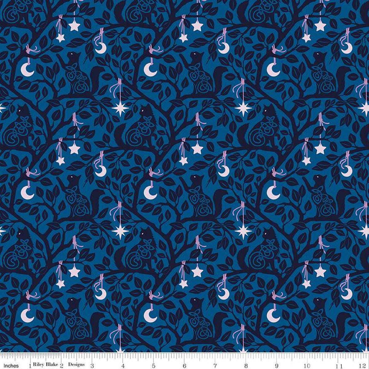Image of Celtic Cats Forest Cats Blue quilting cotton fabric by Brigid Ashwood for Riley Blake Designs. Features cats in trees on a blue background. Cute Little Fabric Shop