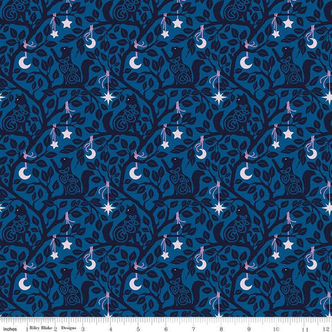 Image of Celtic Cats Forest Cats Blue quilting cotton fabric by Brigid Ashwood for Riley Blake Designs. Features cats in trees on a blue background. Cute Little Fabric Shop