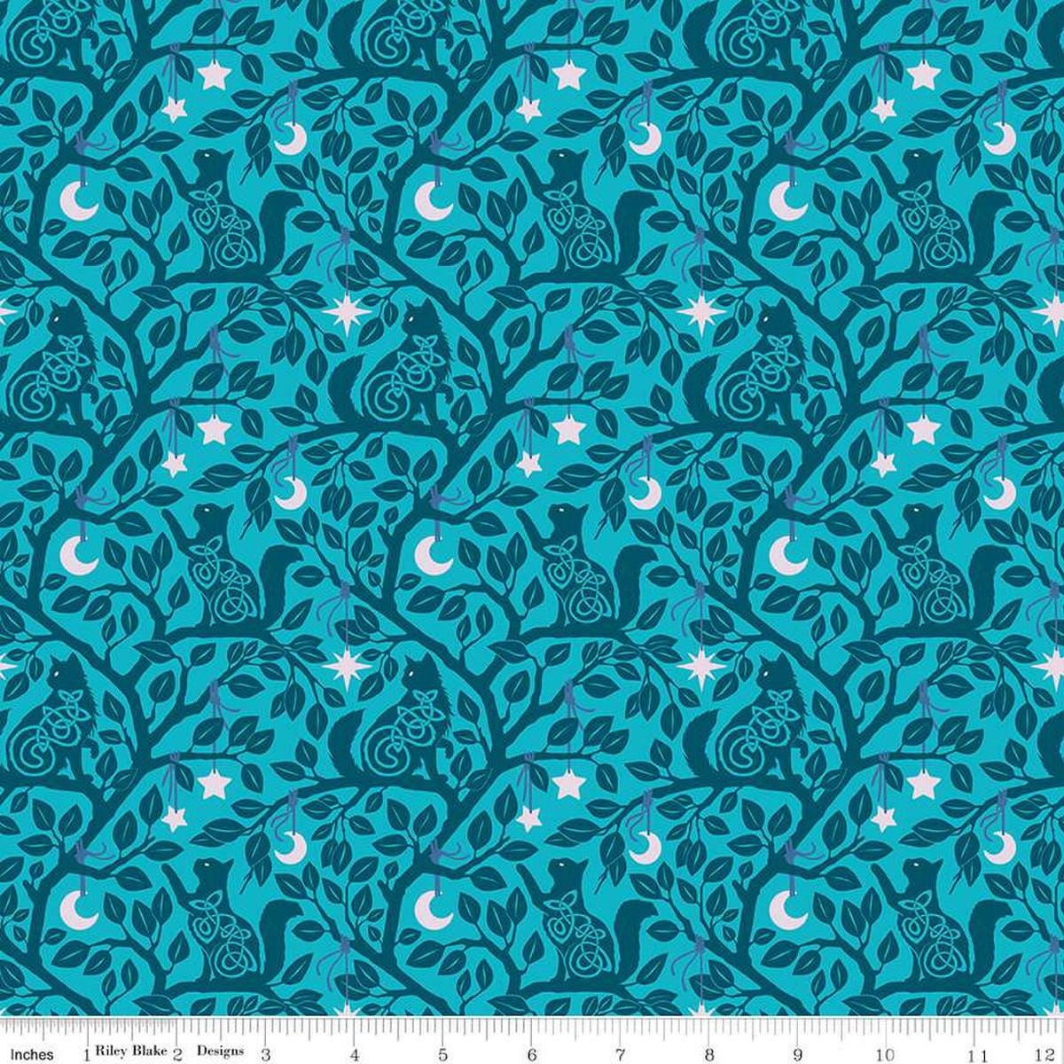 Image of Celtic Cats Forest Cats Teal quilting cotton fabric by Brigid Ashwood for Riley Blake Designs. Features cats in trees on a blue background. Cute Little Fabric Shop
