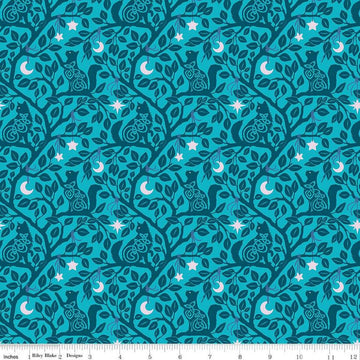 Image of Celtic Cats Forest Cats Teal quilting cotton fabric by Brigid Ashwood for Riley Blake Designs. Features cats in trees on a blue background. Cute Little Fabric Shop