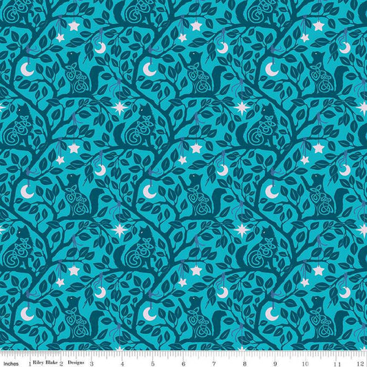Image of Celtic Cats Forest Cats Teal quilting cotton fabric by Brigid Ashwood for Riley Blake Designs. Features cats in trees on a blue background. Cute Little Fabric Shop