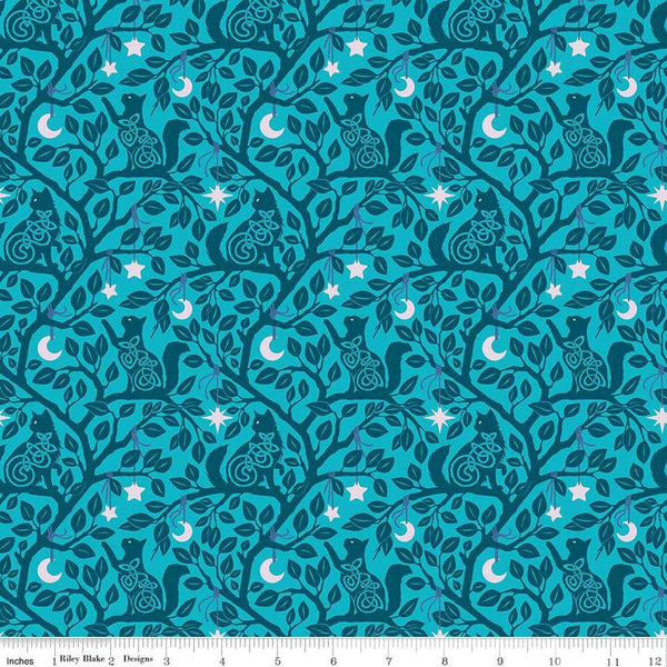Image of Celtic Cats Forest Cats Teal quilting cotton fabric by Brigid Ashwood for Riley Blake Designs. Features cats in trees on a blue background. Cute Little Fabric Shop