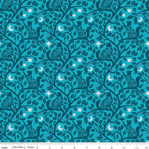 Image of Celtic Cats Forest Cats Teal quilting cotton fabric by Brigid Ashwood for Riley Blake Designs. Features cats in trees on a blue background. Cute Little Fabric Shop