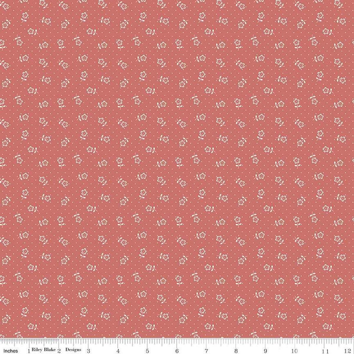 Image of Mary Catherine Flower Dots Faded Red quilting cotton fabric by Amy Smart for Riley Blake Designs. Features flowers on a red background. Cute Little Fabric Shop
