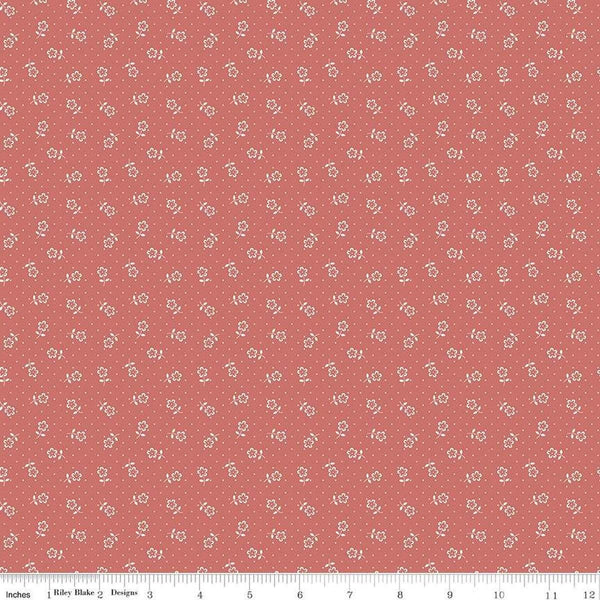 Image of Mary Catherine Flower Dots Faded Red quilting cotton fabric by Amy Smart for Riley Blake Designs. Features flowers on a red background. Cute Little Fabric Shop