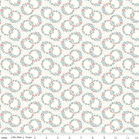 Image of Mary Catherine Wreaths Cloud quilting cotton fabric by Amy Smart for Riley Blake Designs. Features flowers on an off-white background. Cute Little Fabric Shop