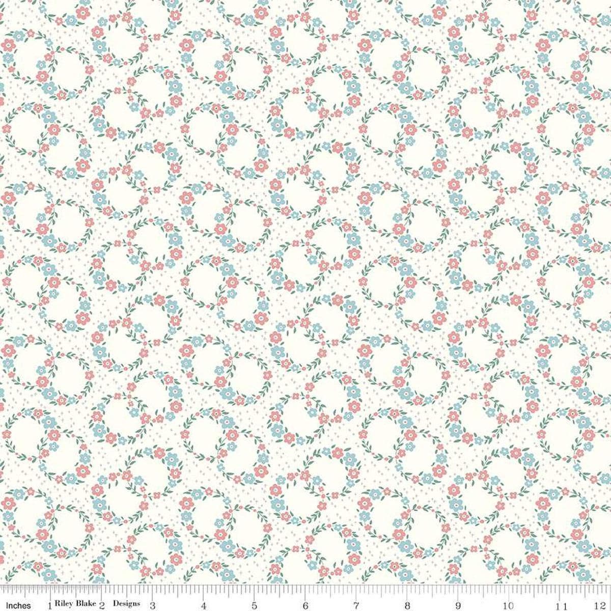 Image of Mary Catherine Wreaths Cloud quilting cotton fabric by Amy Smart for Riley Blake Designs. Features flowers on an off-white background. Cute Little Fabric Shop