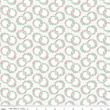 Image of Mary Catherine Wreaths Cloud quilting cotton fabric by Amy Smart for Riley Blake Designs. Features flowers on an off-white background. Cute Little Fabric Shop