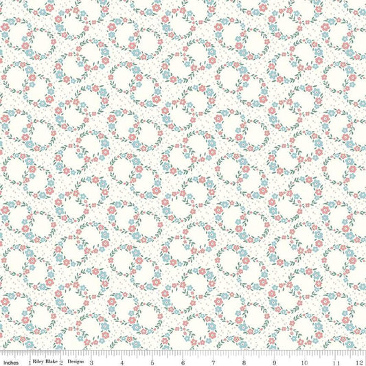 Image of Mary Catherine Wreaths Cloud quilting cotton fabric by Amy Smart for Riley Blake Designs. Features flowers on an off-white background. Cute Little Fabric Shop