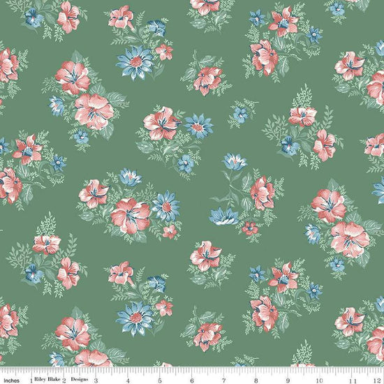 Image of Mary Catherine Main Lodge Pole quilting cotton fabric by Amy Smart for Riley Blake Designs. Features flowers on a green background. Cute Little Fabric Shop