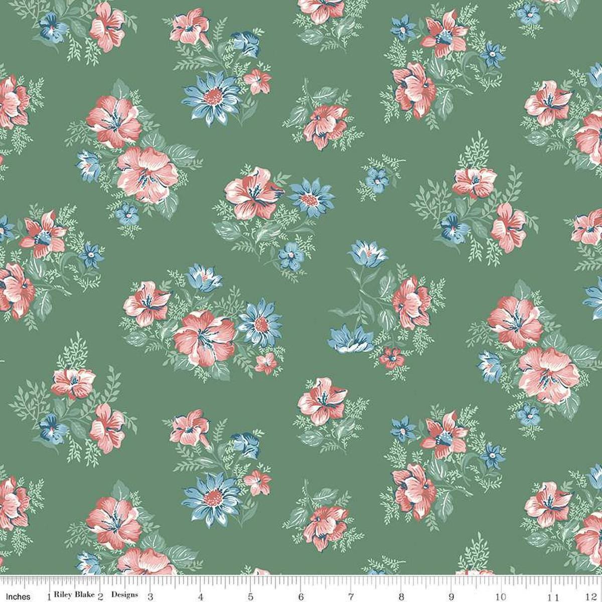 Image of Mary Catherine Main Lodge Pole quilting cotton fabric by Amy Smart for Riley Blake Designs. Features flowers on a green background. Cute Little Fabric Shop