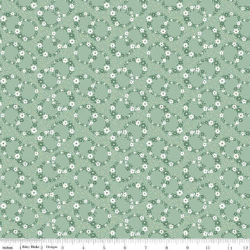 Image of Mary Catherine Wreaths Sage quilting cotton fabric by Amy Smart for Riley Blake Designs. Features flowers on a green background. Cute Little Fabric Shop