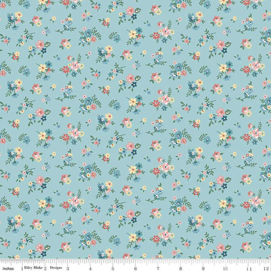 Image of Mary Catherine Ditsy Floral Songbird quilting cotton fabric by Amy Smart for Riley Blake Designs. Features flowers on a blue background. Cute Little Fabric Shop