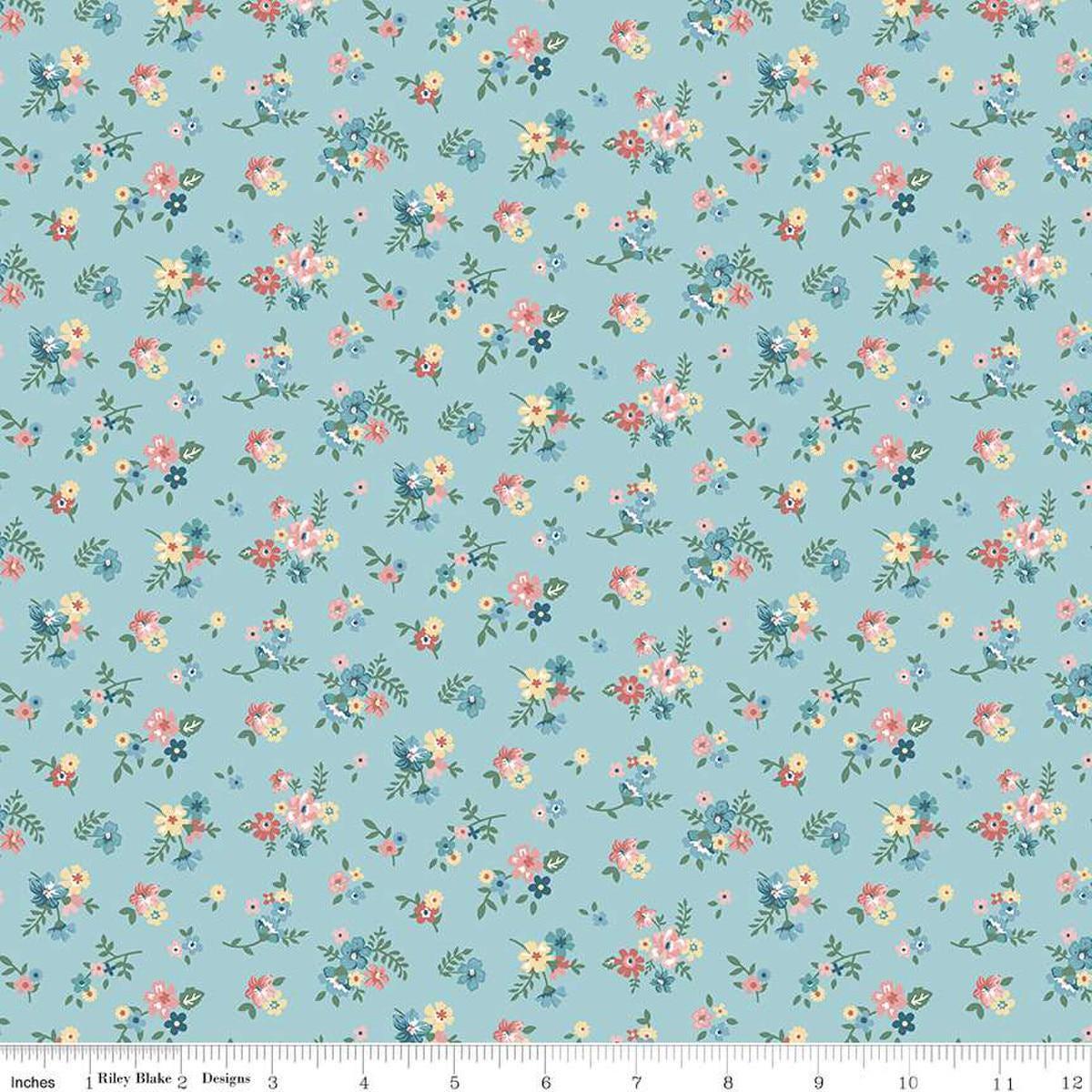 Image of Mary Catherine Ditsy Floral Songbird quilting cotton fabric by Amy Smart for Riley Blake Designs. Features flowers on a blue background. Cute Little Fabric Shop