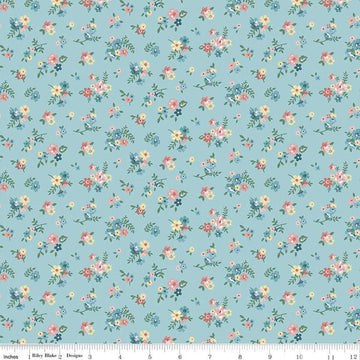 Image of Mary Catherine Ditsy Floral Songbird quilting cotton fabric by Amy Smart for Riley Blake Designs. Features flowers on a blue background. Cute Little Fabric Shop