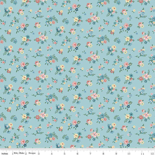Image of Mary Catherine Ditsy Floral Songbird quilting cotton fabric by Amy Smart for Riley Blake Designs. Features flowers on a blue background. Cute Little Fabric Shop