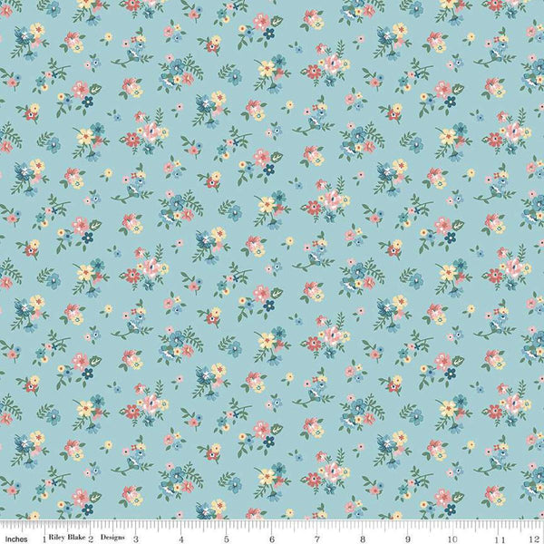 Image of Mary Catherine Ditsy Floral Songbird quilting cotton fabric by Amy Smart for Riley Blake Designs. Features flowers on a blue background. Cute Little Fabric Shop