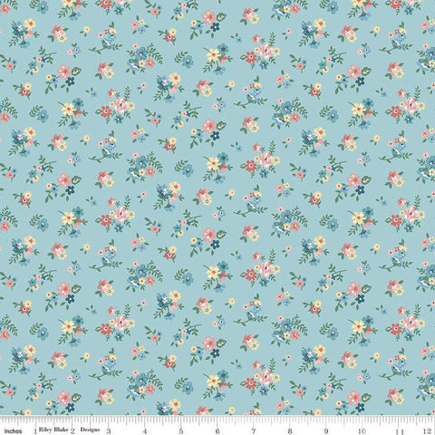 Image of Mary Catherine Ditsy Floral Songbird quilting cotton fabric by Amy Smart for Riley Blake Designs. Features flowers on a blue background. Cute Little Fabric Shop