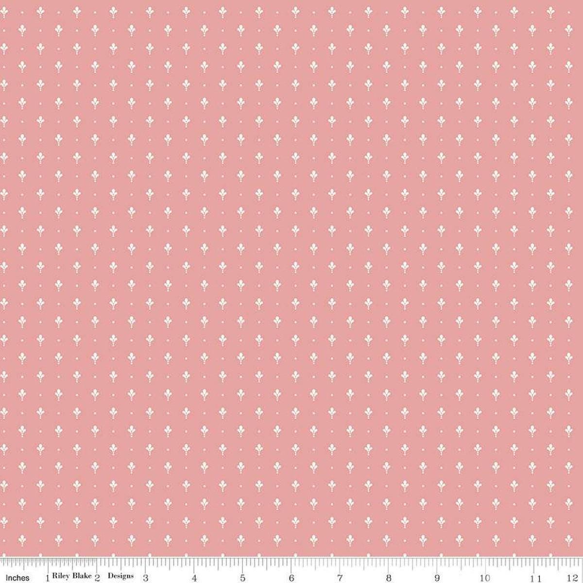 Image of Mary Catherine Petals Mellow Rose quilting cotton fabric by Amy Smart for Riley Blake Designs. Features flowers on a pink background. Cute Little Fabric Shop