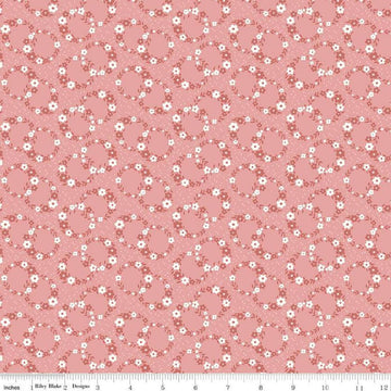 Image of Mary Catherine Wreaths Mellow Rose quilting cotton fabric by Amy Smart for Riley Blake Designs. Features flowers on a pink background. Cute Little Fabric Shop