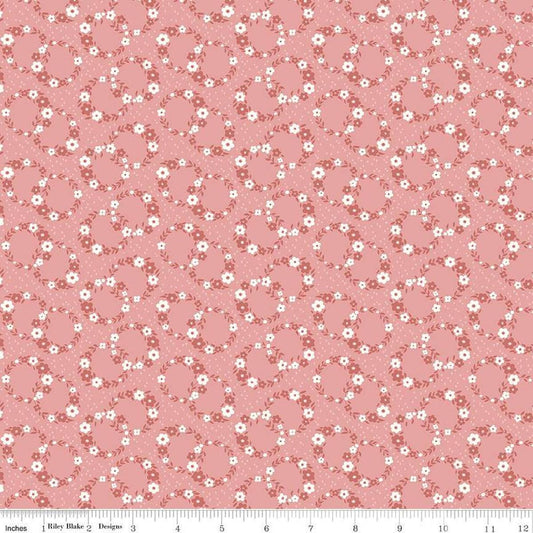 Image of Mary Catherine Wreaths Mellow Rose quilting cotton fabric by Amy Smart for Riley Blake Designs. Features flowers on a pink background. Cute Little Fabric Shop