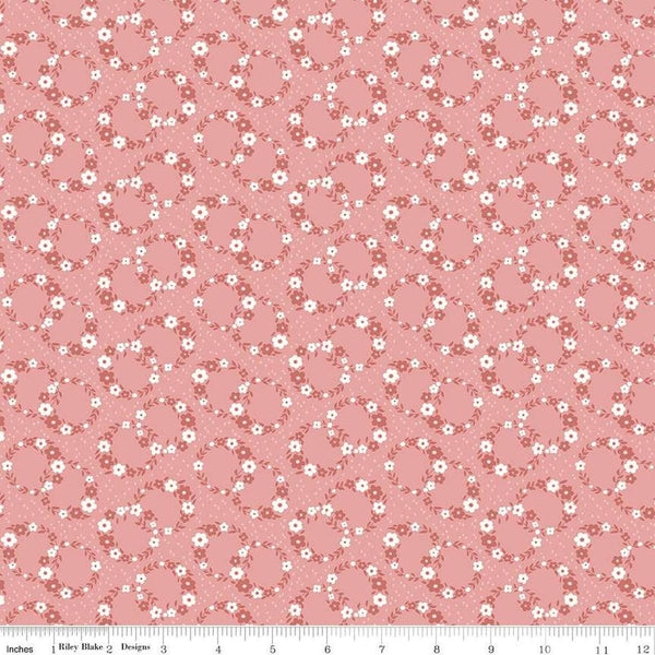 Image of Mary Catherine Wreaths Mellow Rose quilting cotton fabric by Amy Smart for Riley Blake Designs. Features flowers on a pink background. Cute Little Fabric Shop