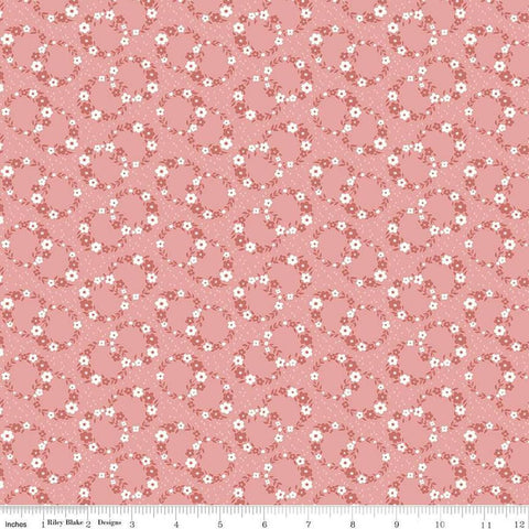 Image of Mary Catherine Wreaths Mellow Rose quilting cotton fabric by Amy Smart for Riley Blake Designs. Features flowers on a pink background. Cute Little Fabric Shop