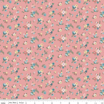 Image of Mary Catherine Ditsy Floral Mellow Rose quilting cotton fabric by Amy Smart for Riley Blake Designs. Features flowers on a red background. Cute Little Fabric Shop