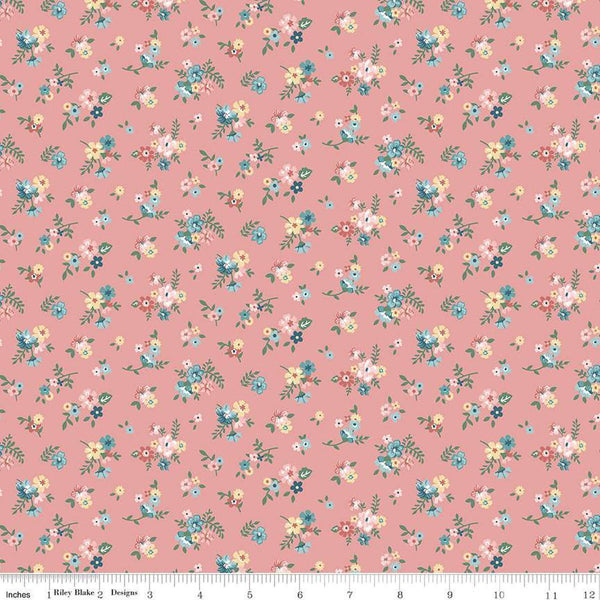 Image of Mary Catherine Ditsy Floral Mellow Rose quilting cotton fabric by Amy Smart for Riley Blake Designs. Features flowers on a red background. Cute Little Fabric Shop