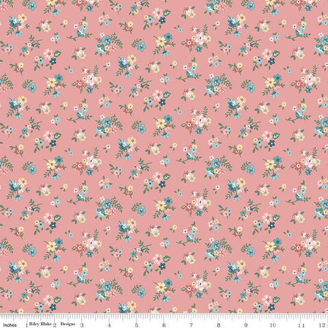 Image of Mary Catherine Ditsy Floral Mellow Rose quilting cotton fabric by Amy Smart for Riley Blake Designs. Features flowers on a red background. Cute Little Fabric Shop
