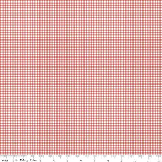Image of Mary Catherine Gingham Faded Red quilting cotton fabric by Amy Smart for Riley Blake Designs. Features plaid on a red background. Cute Little Fabric Shop