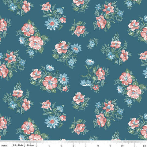 Image of Mary Catherine Main Stargazer quilting cotton fabric by Amy Smart for Riley Blake Designs. Features flowers on a blue background. Cute Little Fabric Shop