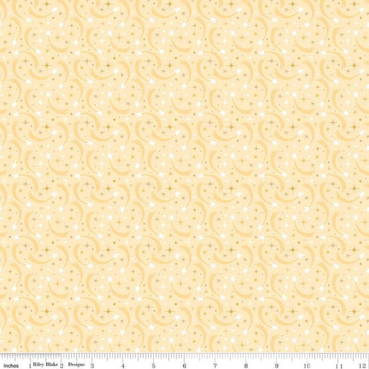 Image of Baby Girl Shooting Stars Yellow quilting cotton fabric by Lori Whitlock for Riley Blake Designs. Features stars on a yellow background. Cute Little Fabric Shop