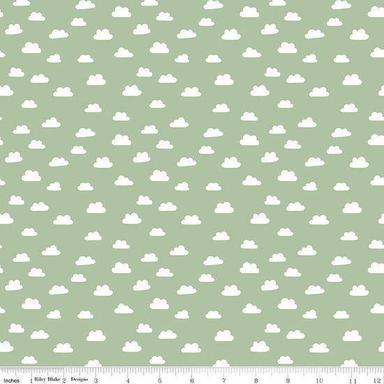Image of Baby Girl Clouds Green quilting cotton fabric by Lori Whitlock for Riley Blake Designs. Features clouds on a green background. Cute Little Fabric Shop