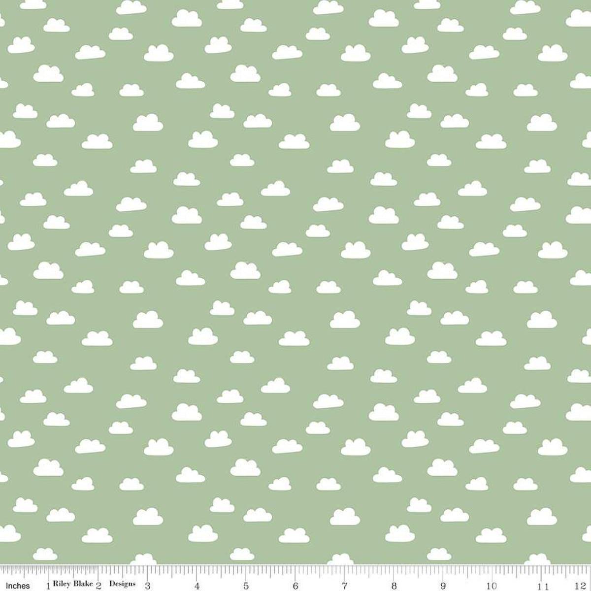 Image of Baby Girl Clouds Green quilting cotton fabric by Lori Whitlock for Riley Blake Designs. Features clouds on a green background. Cute Little Fabric Shop
