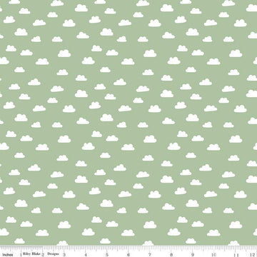 Image of Baby Girl Clouds Green quilting cotton fabric by Lori Whitlock for Riley Blake Designs. Features clouds on a green background. Cute Little Fabric Shop
